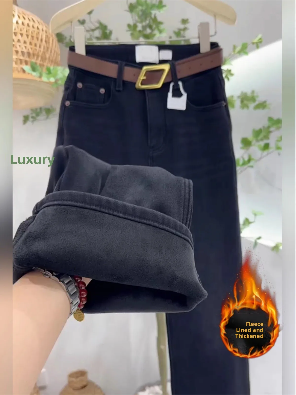 

High Waist Wide Leg Denim Jeans Women's Fleece Lined Slim Fit Elastic Straight Leg Pants Versatile for All Body Types