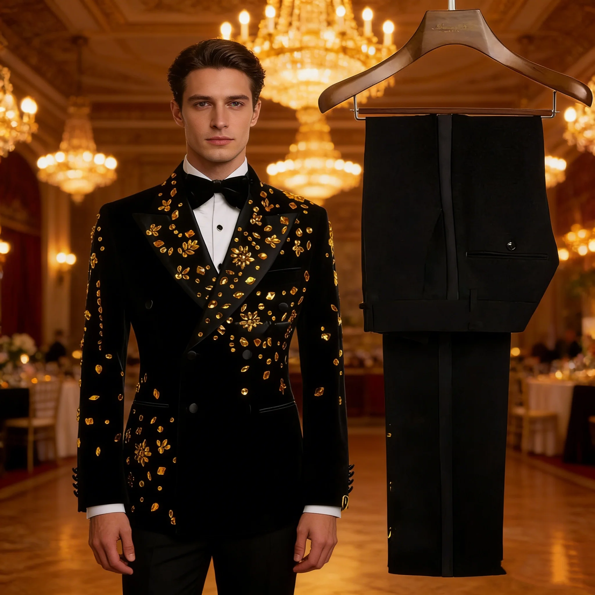 

Customized Men Suits 2 Pieces Handmade Beads Formal Groom Wedding Tuxedos Party Prom For Special Occasions