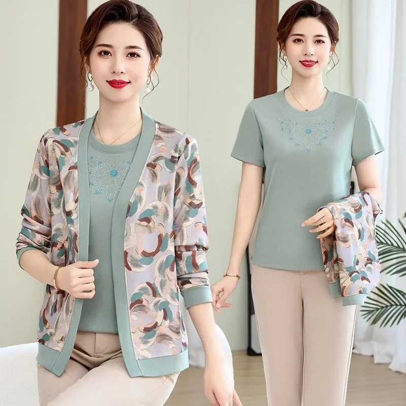 Women knitted Tops 2025 New Spring Autumn Long Sleeve Cardigan Two Pieces Suits Large Size Middle Age Female Elegant 2PCS Set