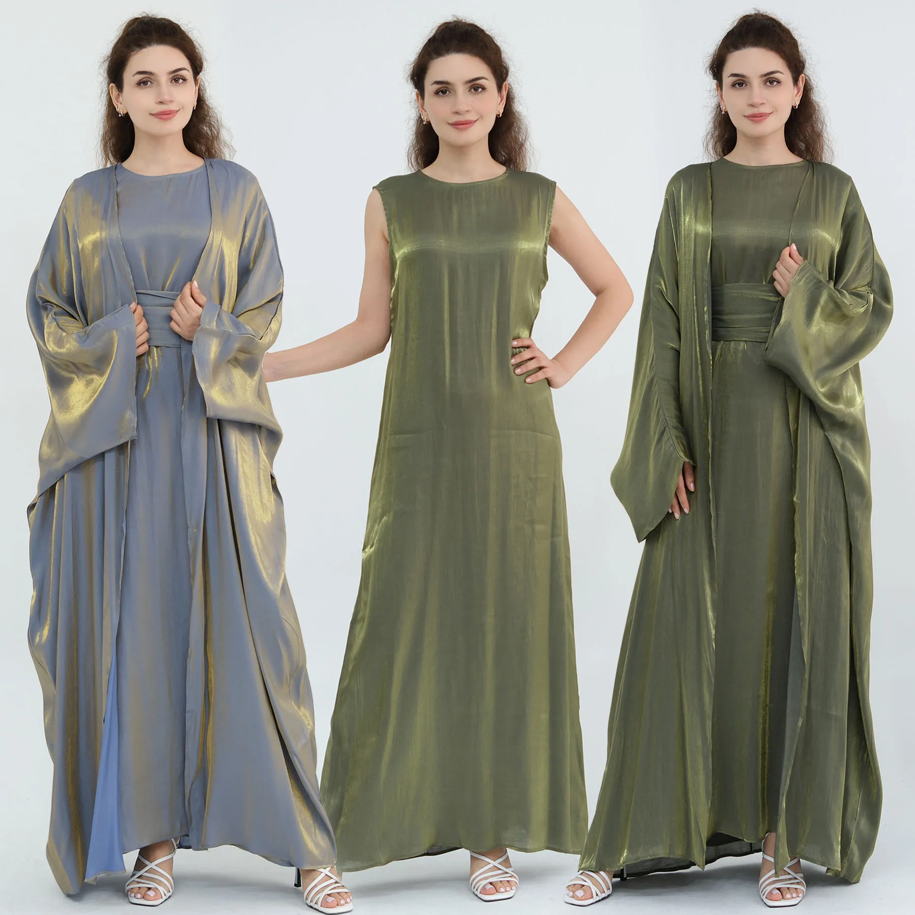 Summer Shiny Hijabi Abaya 2PC Set, Evening Party Muslim Women Suit, Sleeves Dress+Batwing Sleeves Abaya, Dubai Islamic Clothing