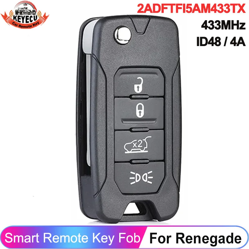 KEYECU 2ADFTFI5AM433TX For Fiat 500X For Jeep Renegade 2016 2017 2018 2019 Remote Key Flip Fob 433MHz Megamos AES 4A / ID48 Chip