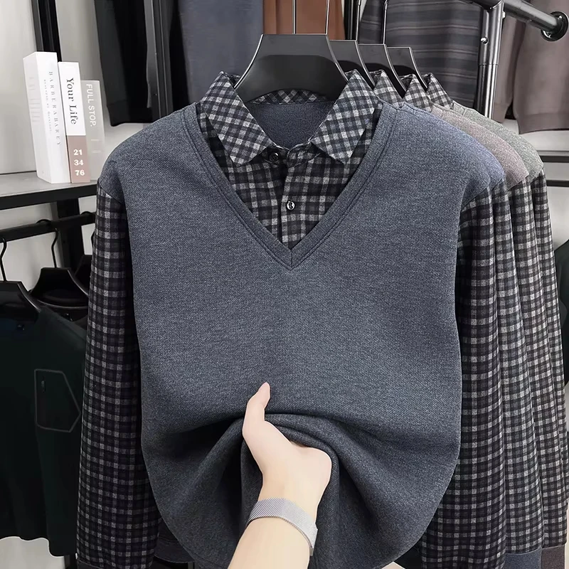 TFETTERS 2026 Winter New Elegant Fake 2 Pcs Polo Shirt Men Wool Blend Fleece Lined Plaid Shirt Collar Business Work Pullover Man