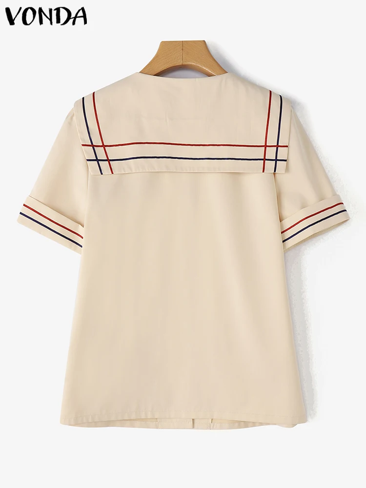 VONDA Casual Tops Women Shirt Sallor Collar Short Sleeve Summer Blusas Streetwear Patchwork Oversize Bow Tee S-3XL Tunic