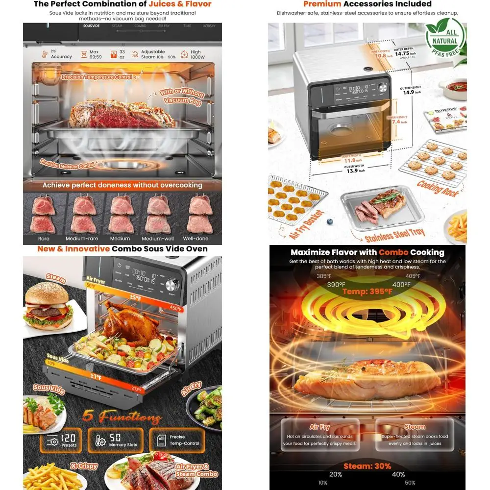 

Stainless Steel Nuwave Combi Oven: Air Fry, Steam, Sous Vide, Toast, 50-450°F, 120 Presets, Moisture Control, Easy Clean