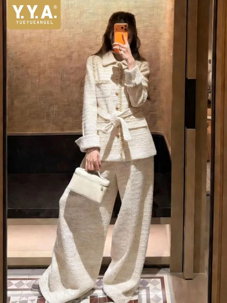 Chic Ladies Belt Jacket Wide Leg Pant Two-Piece Set Turndown Collar Single Breasted Coat Outfits Women Autumn Winter Party Sets