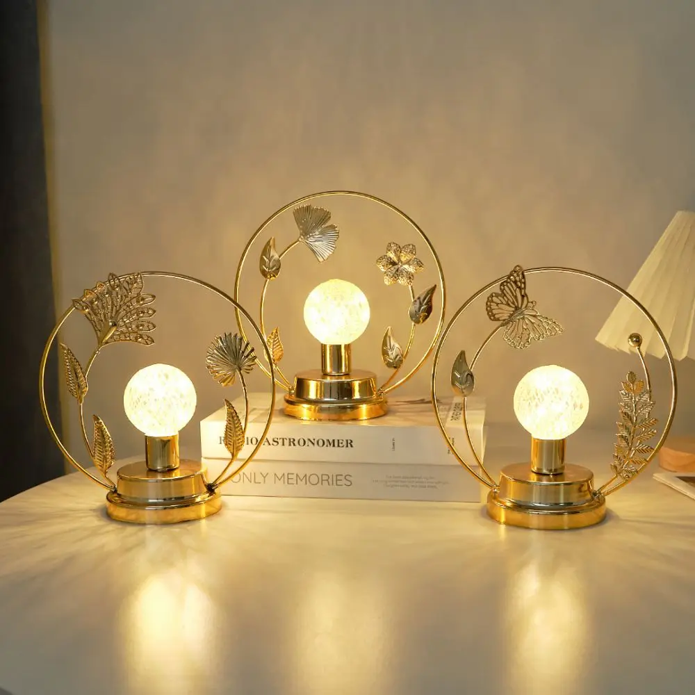 Butterfly/Leaf Shape LED Night Light Iron Material Hollow Out Metal Table Lamp Warm Lighting Round Ring Decorative Light