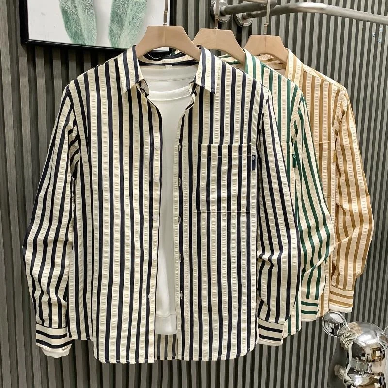 Summer Thin Ice Silk Stripe Men's Long Sleeve Shirt Youth Fashion Sun Protection Casual Outerwear Lightweight Classic Collar