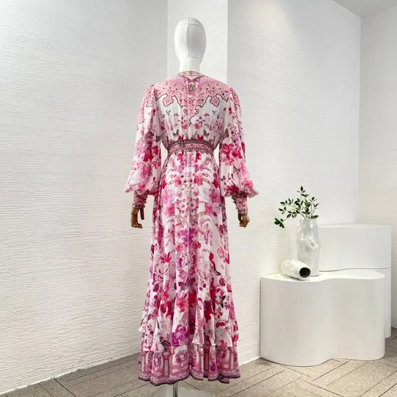 Vintage Elegant Pure Silk Long Lantern Sleeve Pink Floral Print Diamonds Stretchable Waist Women Holiday Midi Dresses