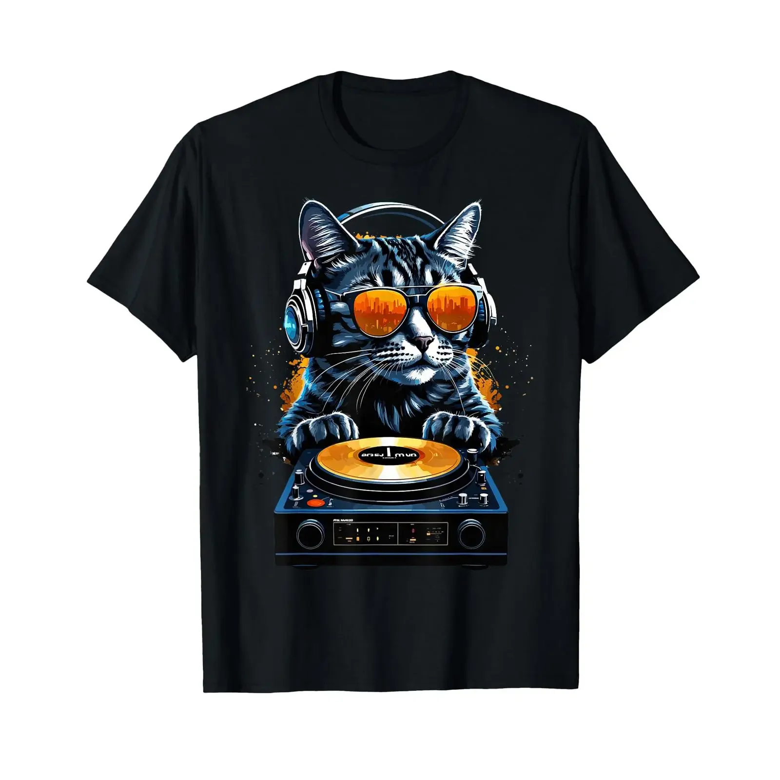 Cat DJ Techno Turntable EDM Electronic Dance Music T Shirt black vintage Washed Soft Breathable Comfortable homme Slightly