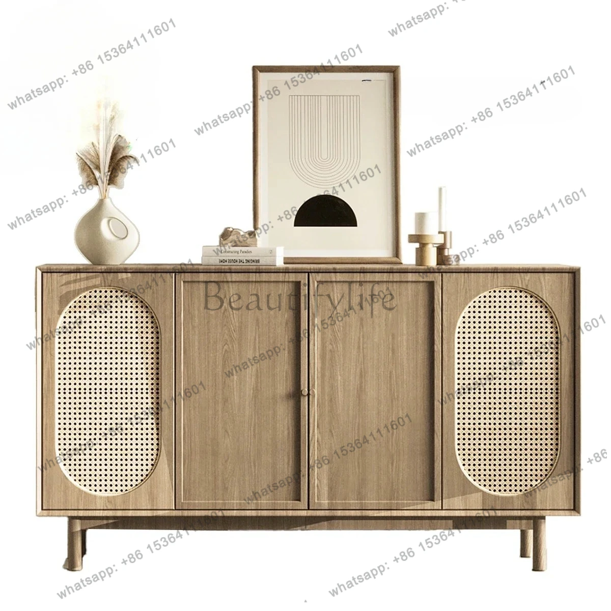 

Nordic medieval rattan dining side cabinet household living room ash wood wall decorative cabinet vitrina
