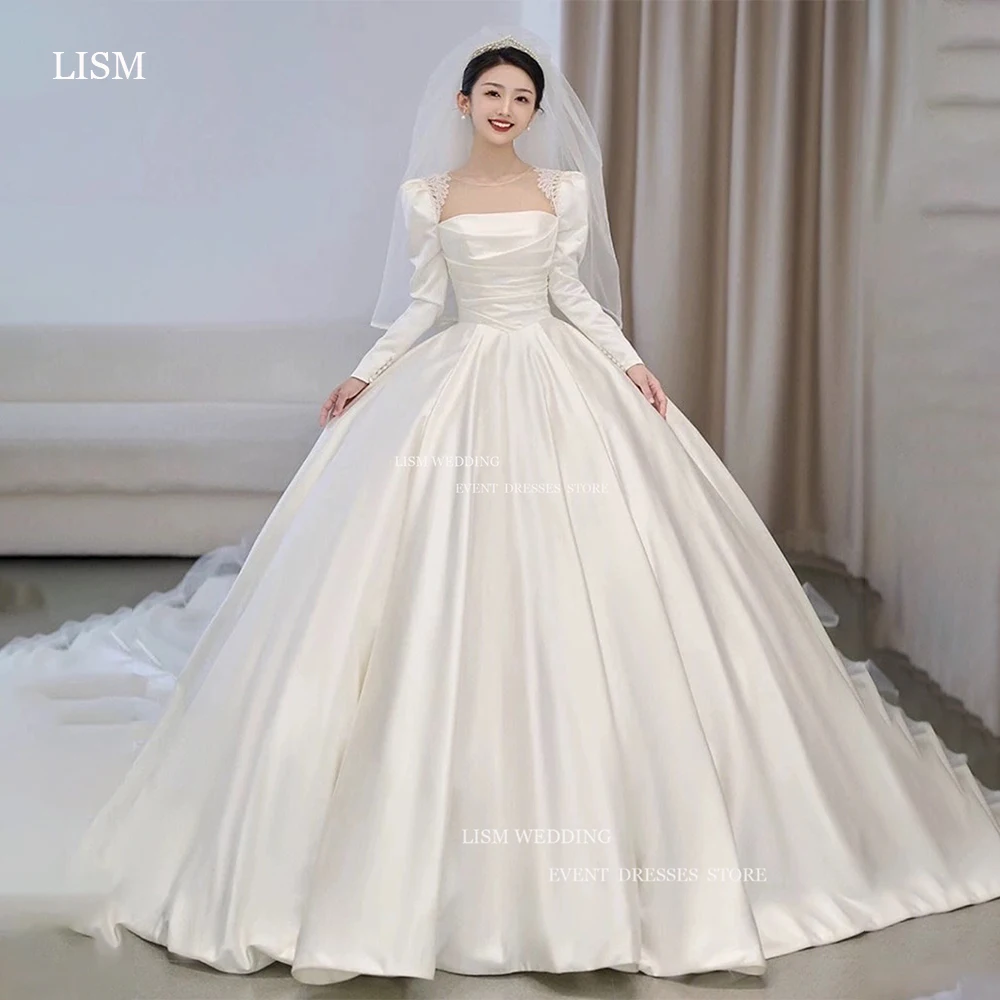 LISM-Robe de mariée princesse à manches longues, longueur au sol, ligne A, satin doux, robes de patients avec voile, train court