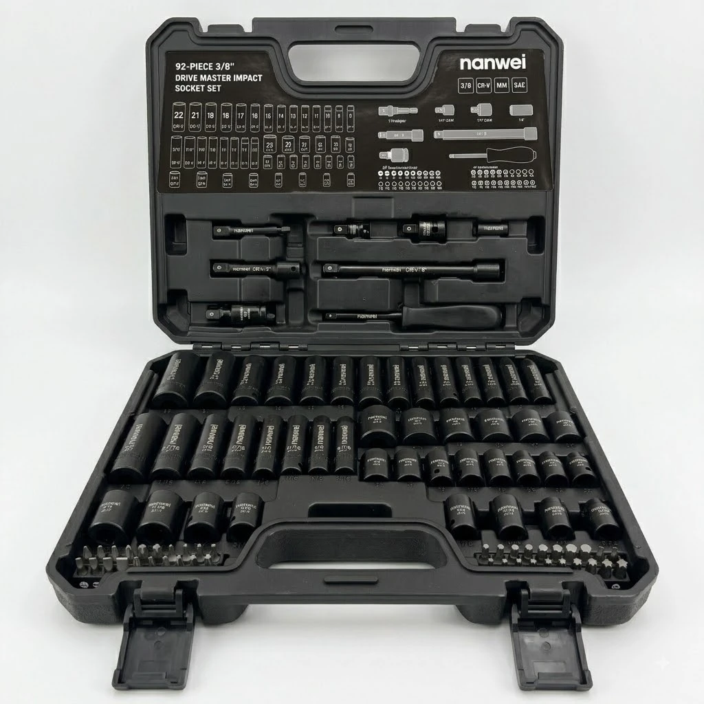 92Pcs 3/8 Inch Drive Master Impact Socket Set, CR-V Steel Deep & Shallow Sockets, Metric & SAE Sockets, Ratchet Wrench Extension Bar Adapter Bit Set, Auto Repair Hand Tool Kit with Hard Storage Case