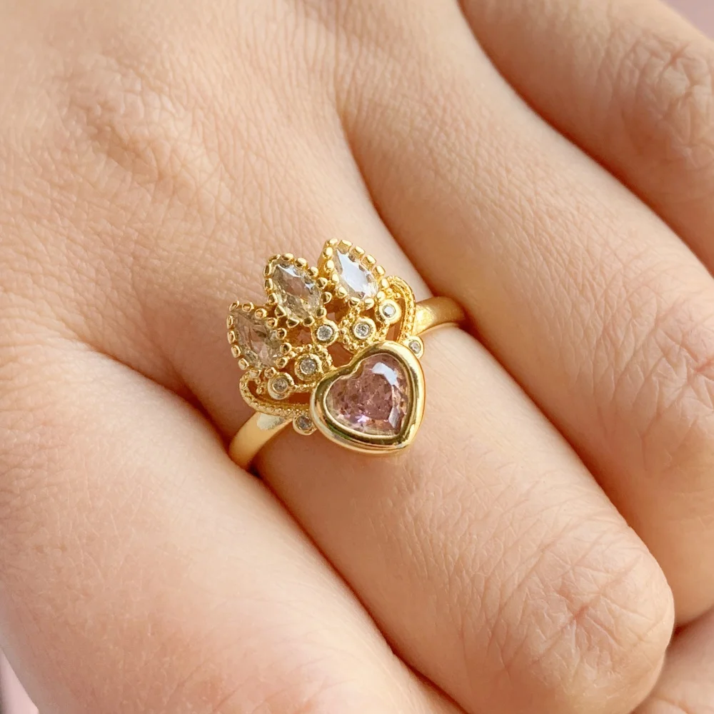 Rapunzel Crown Ring Woman Fashion Wedding Party Jewelry Accessorie Gold Plated Adjustable Crown Heart Princess Ring Gift For Her
