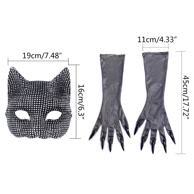 Rhinestones Cat Mask Gloves Costume Catwomen Cosplay Party Costume Face Mask Stage Performances Props Roleplay Accessory