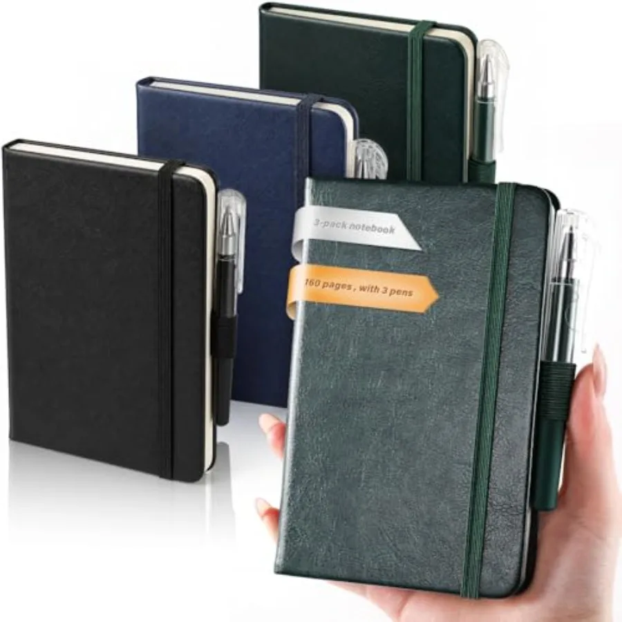 

Small Notebook Journal - 3 Pack Total 480 Pages - Pocket Notebooks with Pens for Work - 3.7" x 5.7" A6 Notebook - Hardcover Min