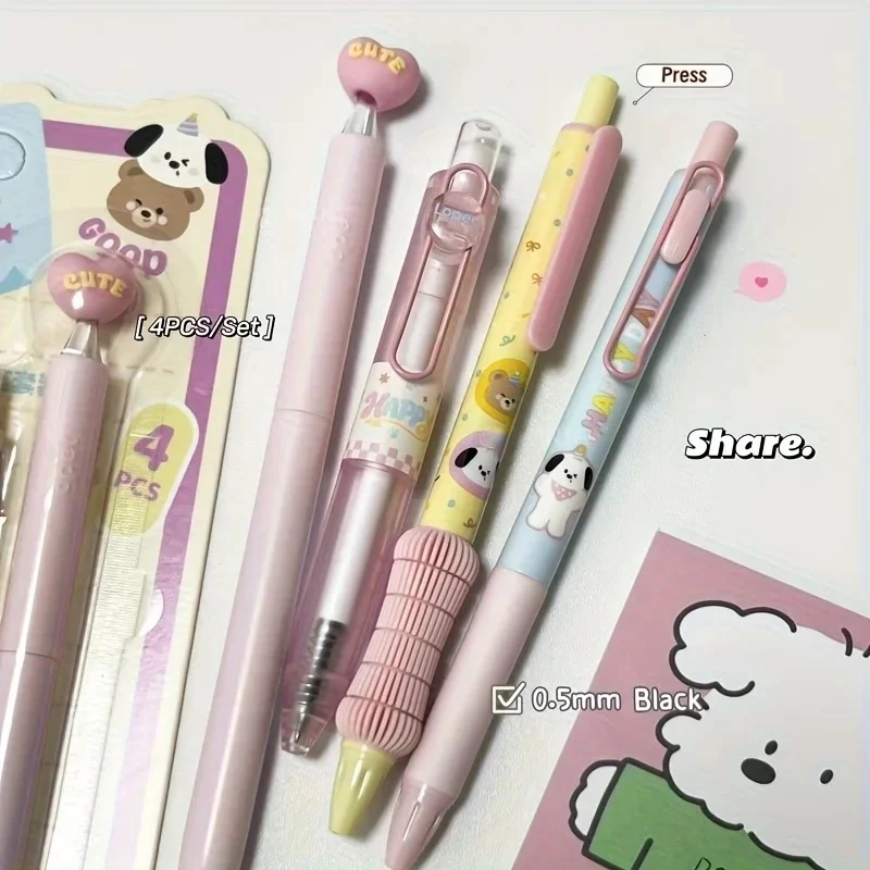 4pcs Creaive Love Heart Gel Pen Puppy Rabbit Cat Bear Pattern Writing Pen 0.5mm Black Pen Office Supplies