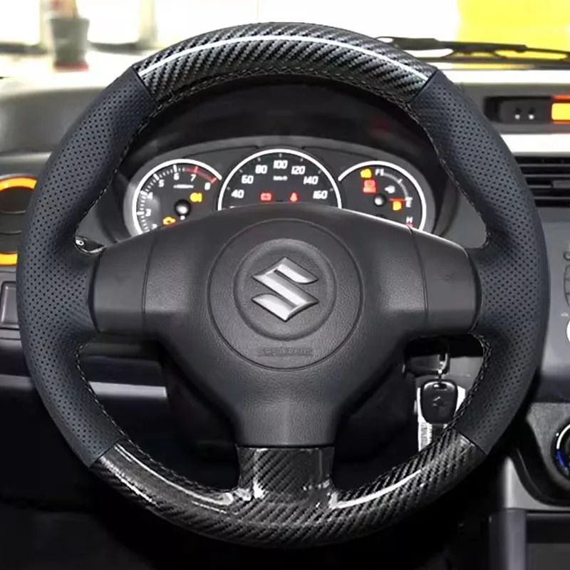 For Suzuki SX4 Alto Old Swift Opel Agila Hand-Stitched Non-Slip Black Carbon Fiber Genuine Leather Car Steering Wheel Cover