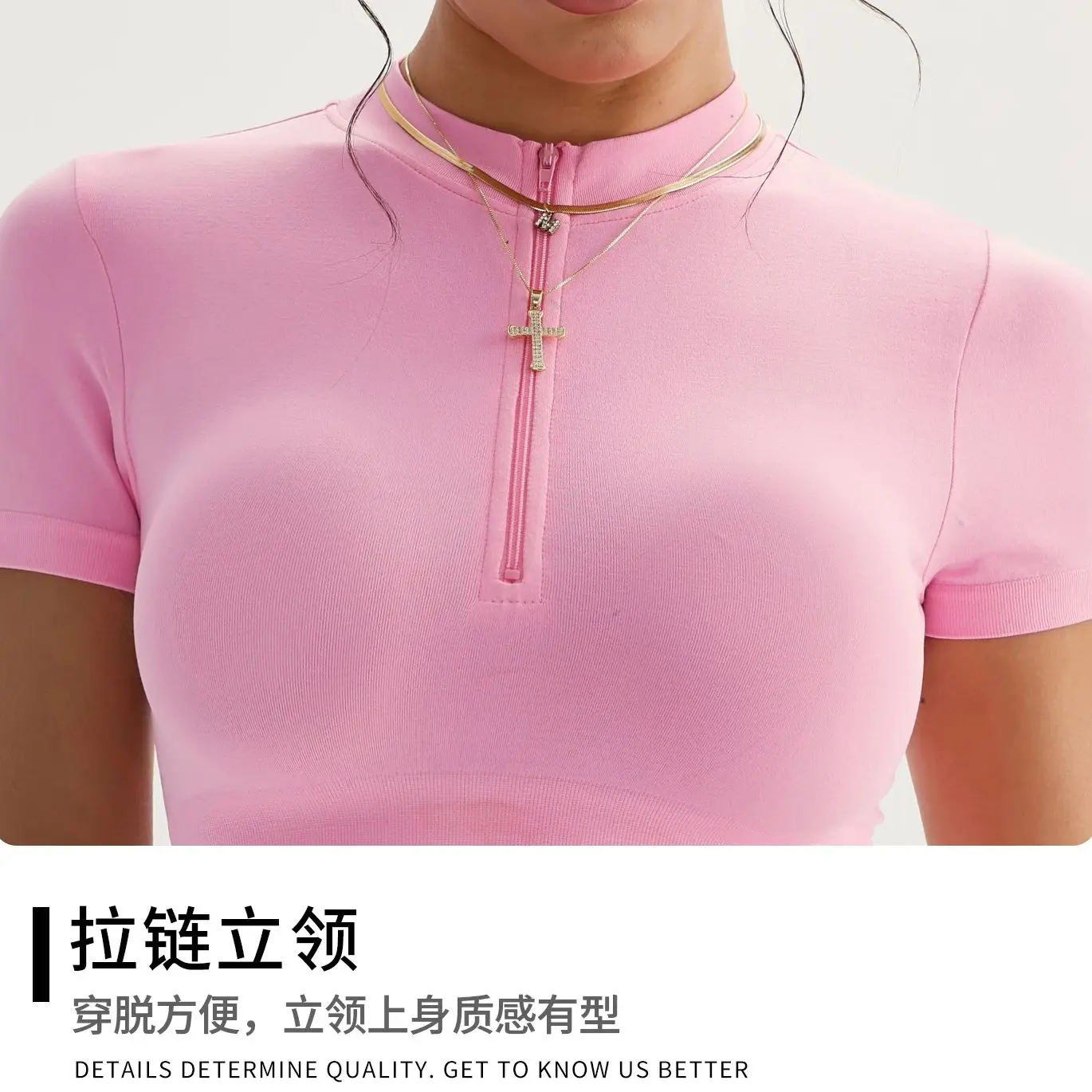 Seamless Yoga Crop Top Women Half Zip Mock Neck Short Sleeve Sports T-shirt Gym Workout Top Slim Fit Fitness Tights Sportswear image 5