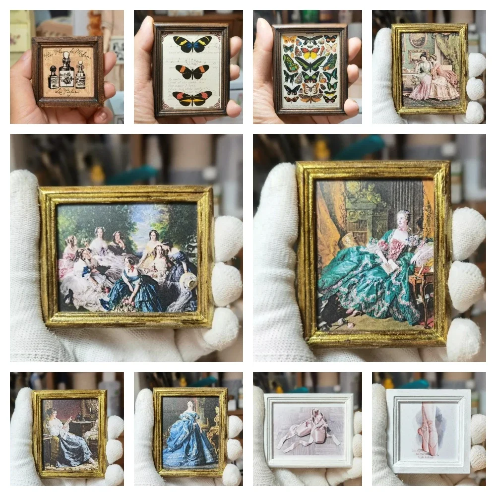 Doll House Mini Wall Decoration Latin Shoes Court Ladies Comb Perfume Vintage Oil Painting Miniature Decorative Painting Model