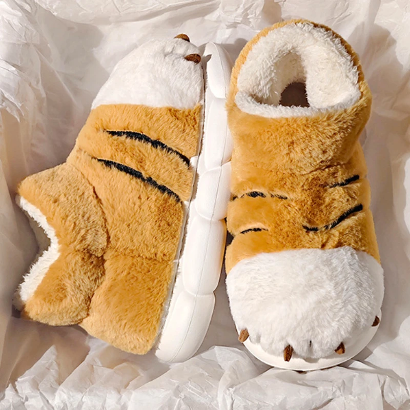 Female Tiger Claw Cotton Slippers Winter Men Cartoon Cute Snow Boots Shoes Couple Non-slip Warm Thick Sole Comfortable Flats