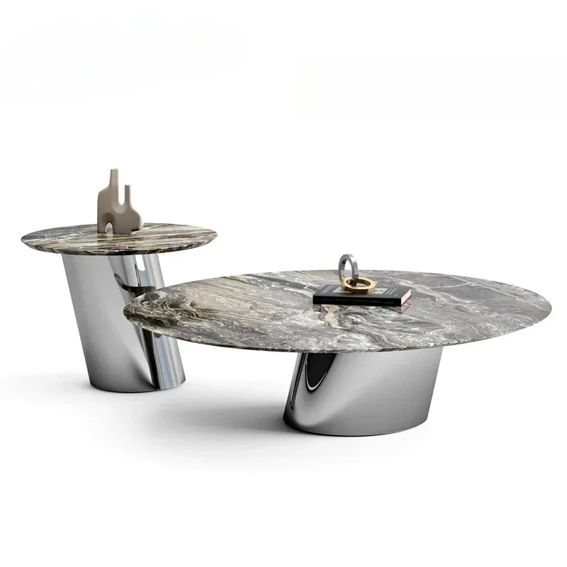 QQItalian Light Luxury/brown Natural Stone + Stainless Steel, Living Room Marble Round Coffee Table