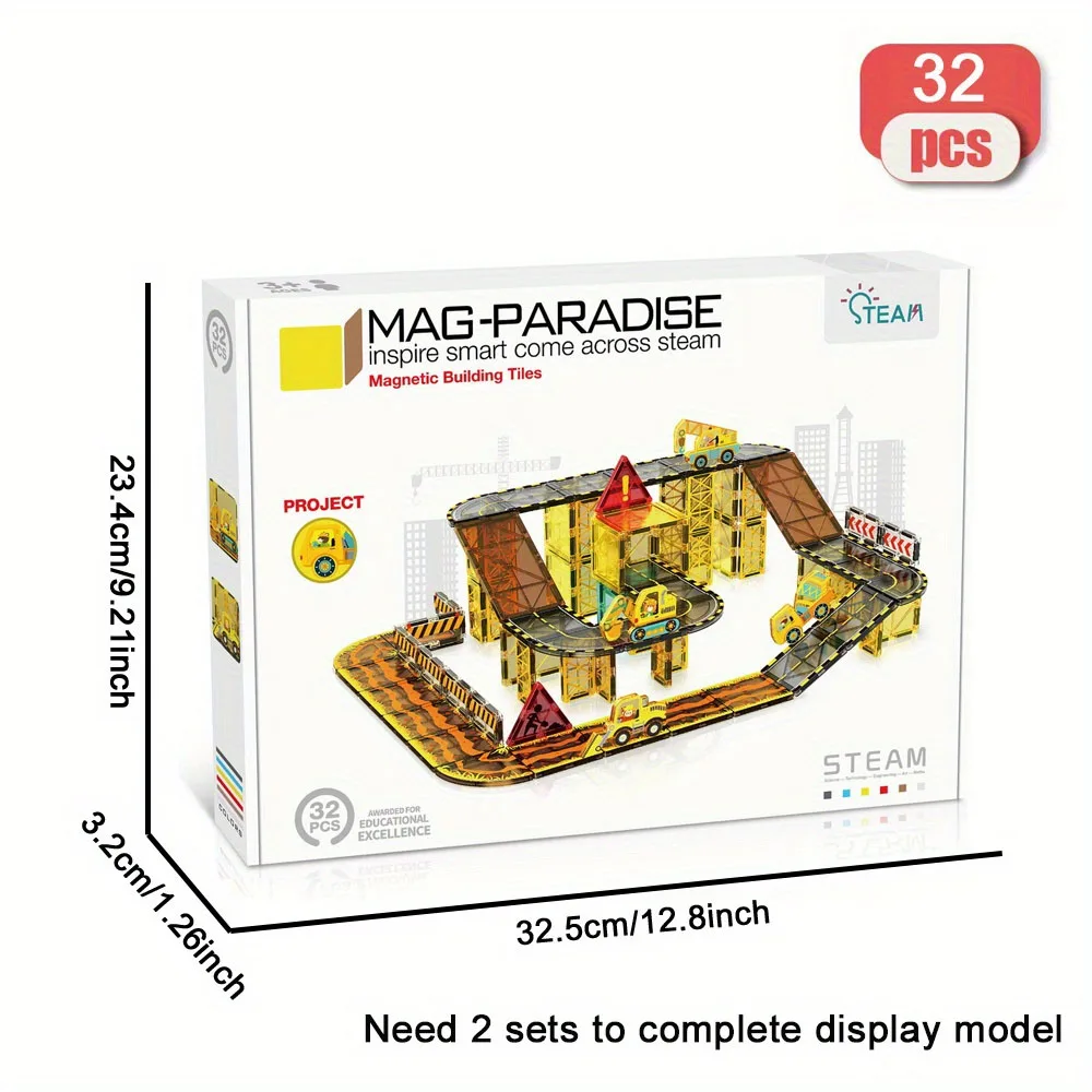 DIY 32pcs Engineering Vehicle Magnetic Building Blocks - Large STEM Toy Set Creative Magnetic Toys, Children Educational Gift