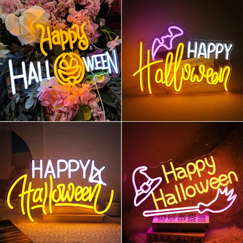 

Happy Halloween Neon Sign Led Halloween Decoration For Party Room Bar Living Room Wall Halloween Light Up Sign Dimmable Lamp USB