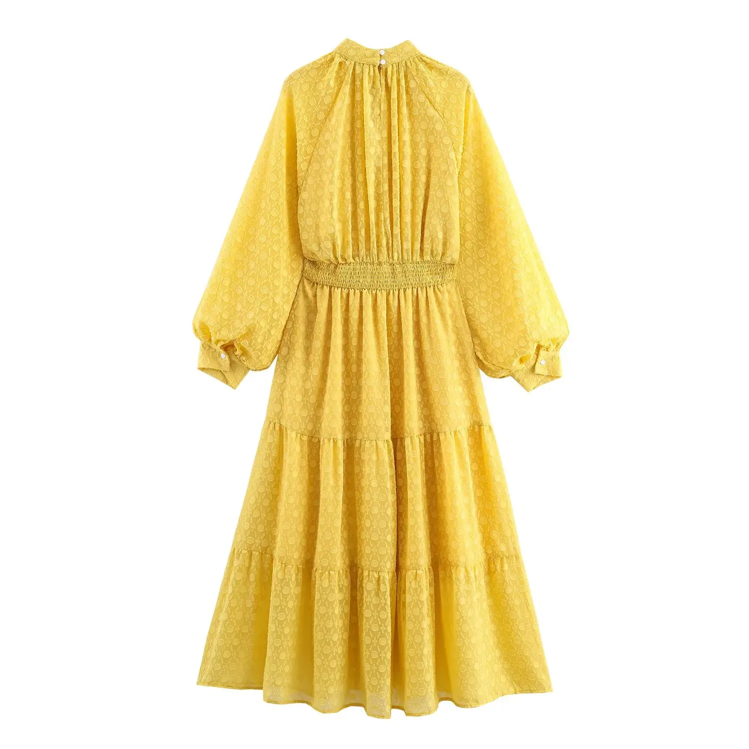 2025年ヴィンテージイエロー3Dドットランタン袖シフォンドレス女性用カットアウトVスタンドカラーゴムウエストスイングドレスホリデーローブ