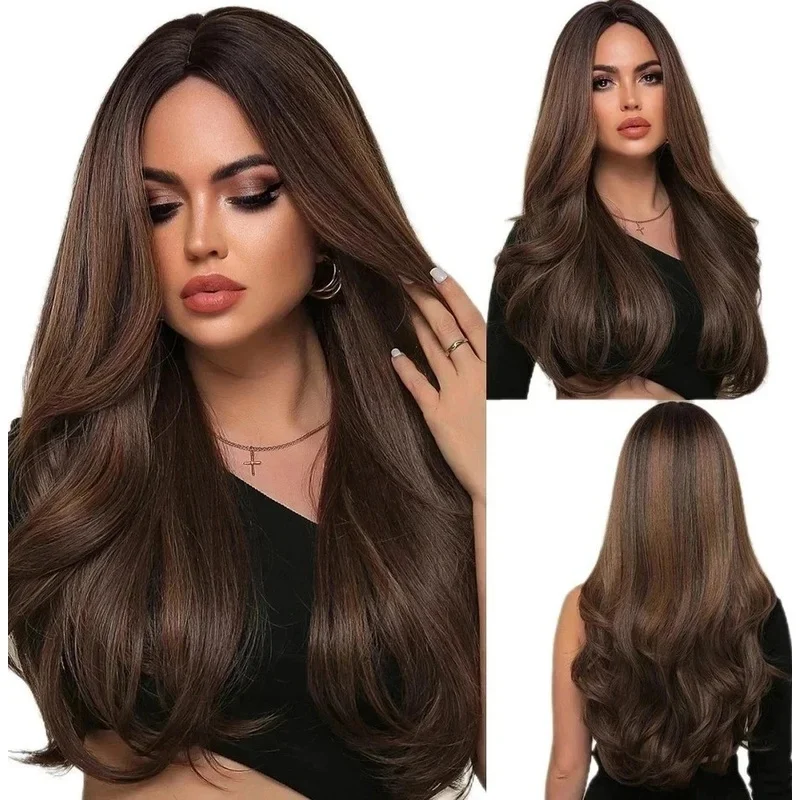 Real Hair New Fashion Long Natural Dark Brown Wavy Women's Full Wigs 24 In