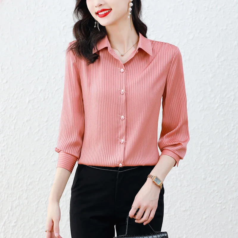 Women's Professional Silk Cotton Shirt Thin Striped Women's Clothing Polo-Neck Spliced Single Breasted Slim Spring Summer Shirt