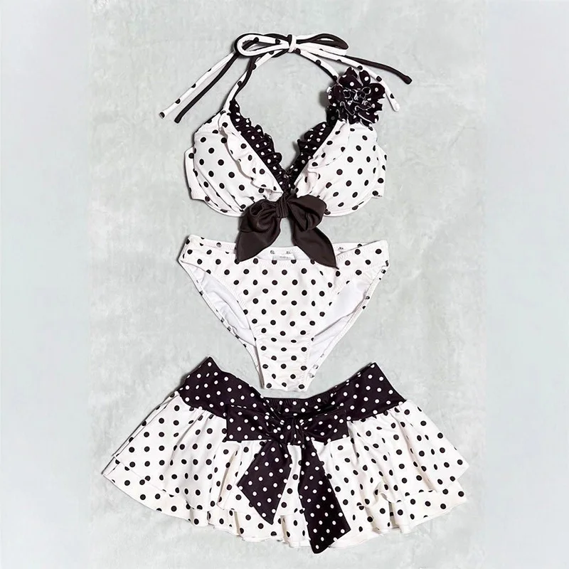 2026 INS Style New Cute Swimsuit Summer Fashion Sexy Halterneck Polka Dot Bow Tie Top Skirt Beach Y2k Three-piece Sets