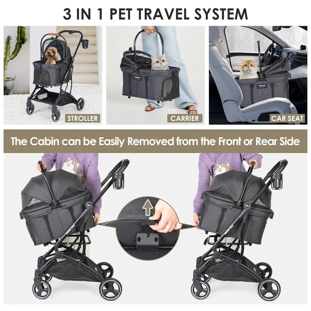 3-in-1 Foldable Pet Stroller - Lightweight, 180° Shade, Removable Carrier for Small Dogs & Cats (Black)