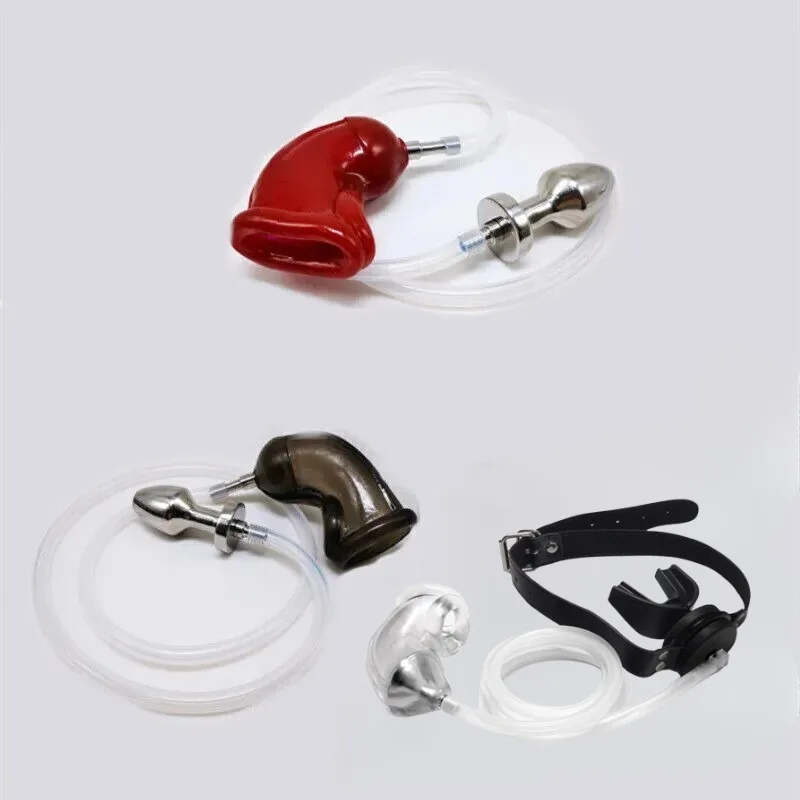 BDSM Anal Douche Chastity Device with Peni Sleeve Flow Into The Anus Anal Plug Mouth Gag Urethral Plug Slave Sex Toy for Men