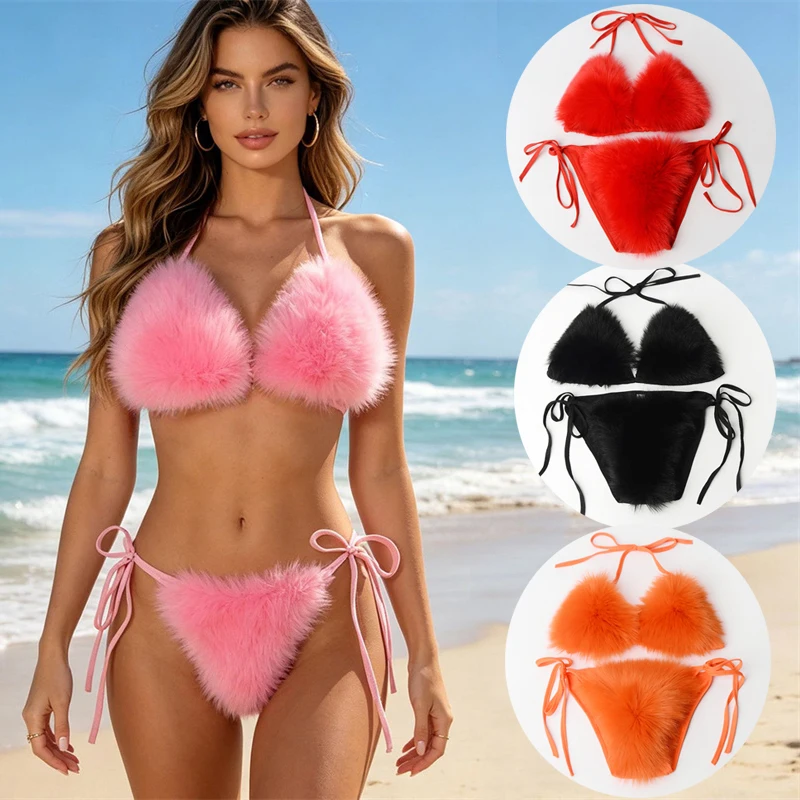 Bikinis sexys de piel sintética para mujer, conjuntos de bikini de playa, trajes de baño para mujer 2026, conjunto de bikini de piel sintética de zorro, ropa de baño para mujer