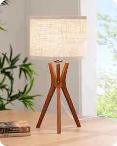 Mid Century Tripod Table Lamp with Wood Base & Beige Linen Shade for Bedroom Living Room