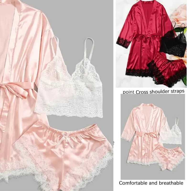 New Erotic Suit Lace Trimmed Solid Color Satin Pajama Set, Long Sleeve Short Robe + V-Neck Cami Top + Casual Shorts