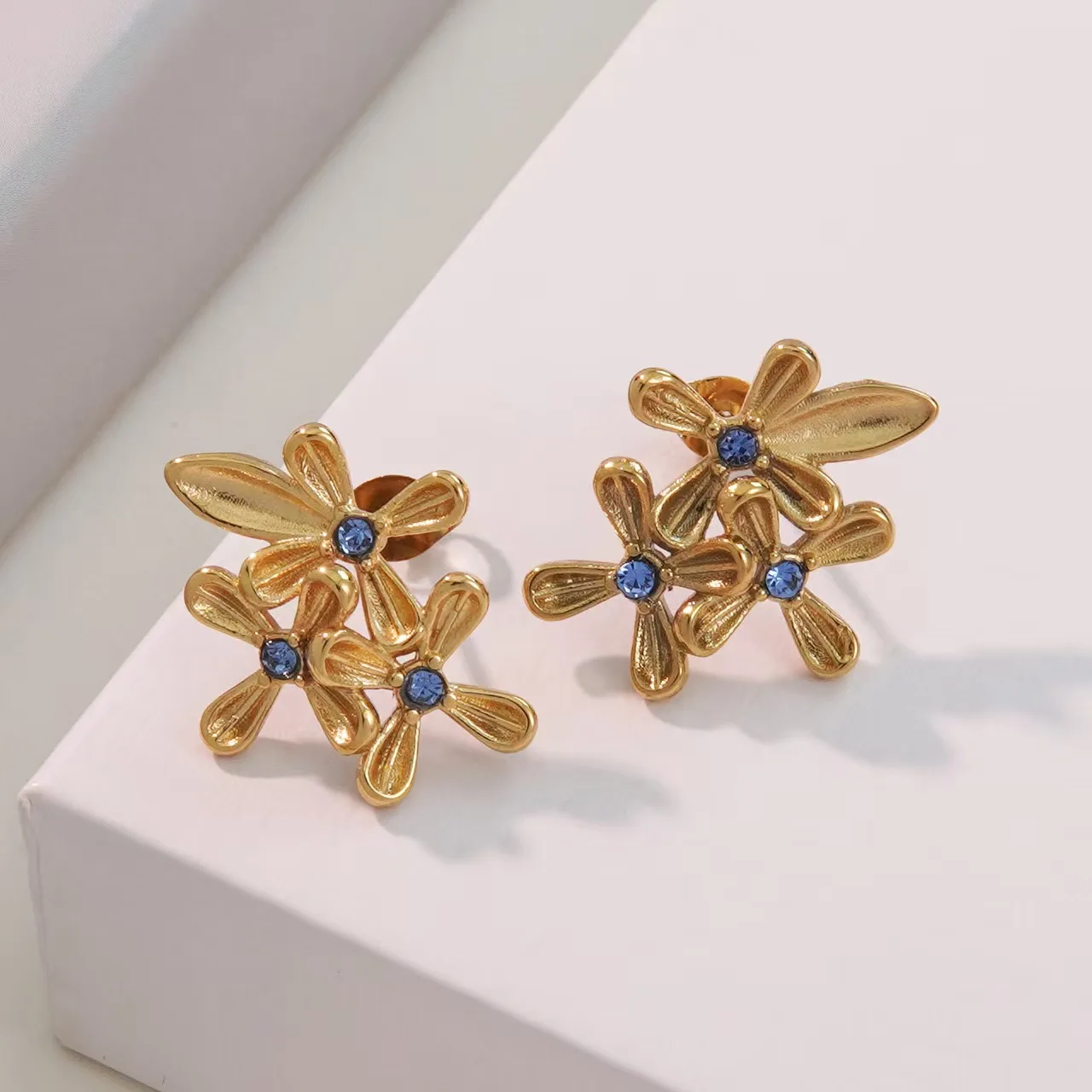 Wholesale 2026 Chic 316L Stainless Steel Ruby Sapphire Gems Floral Ear Stud Waterproof Rose Daisy Earring Anti-rust Kids Jewelry