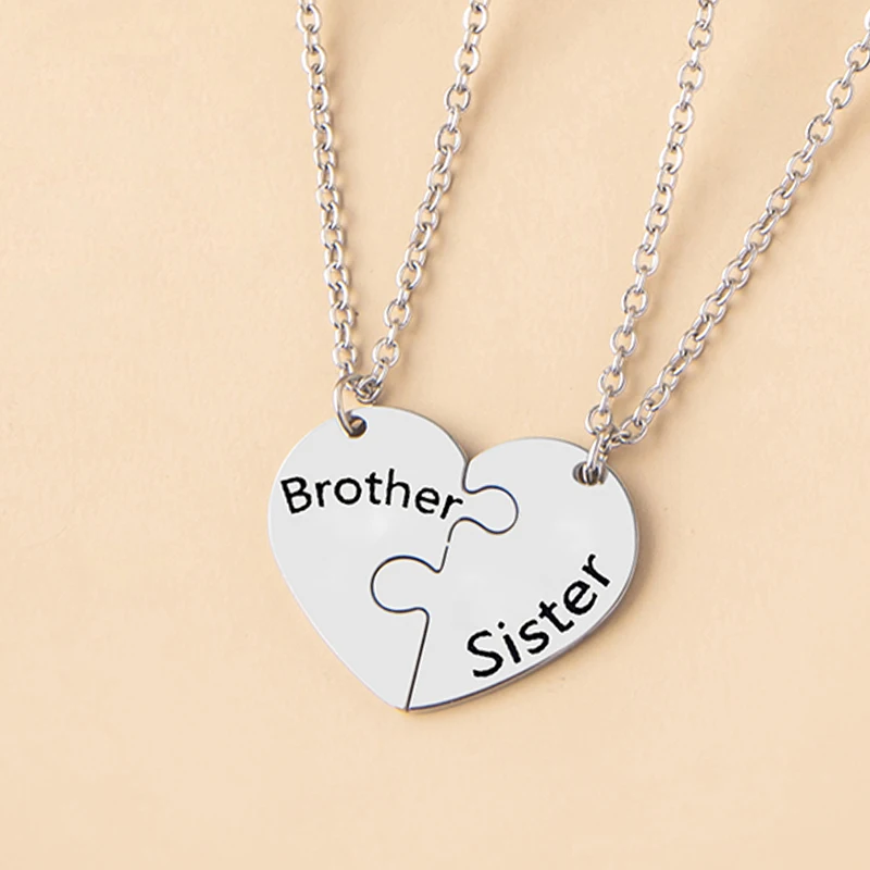 2 Pcs/Set Brother Sister Matching Necklace Stainless Steel Heart Puzzle Pendant Necklaces Family Jewelry Gifts