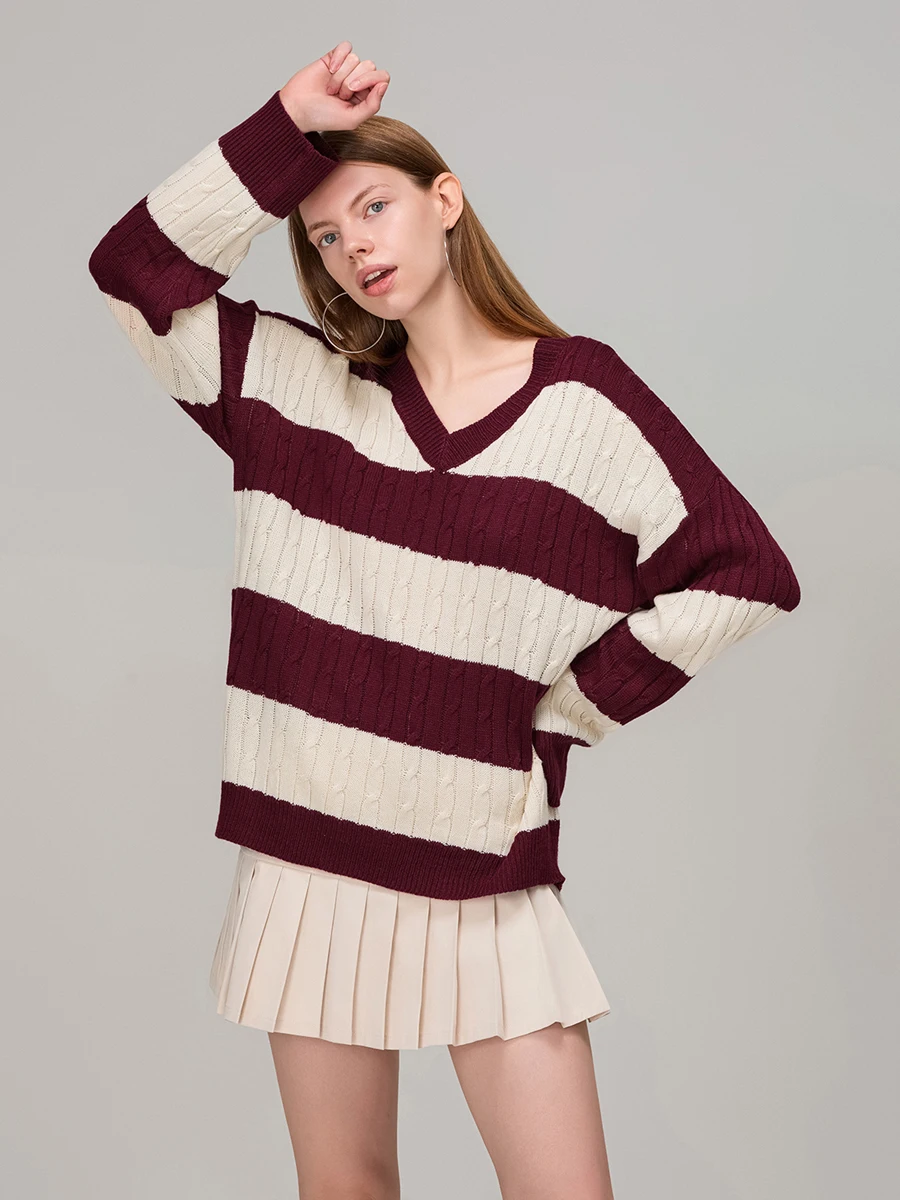 wsevypo Women Cable Knitted Sweaters Fall Winter Classic Retro Striped V Neck Pullovers Jumpers for Streetwear Warm Knitwear