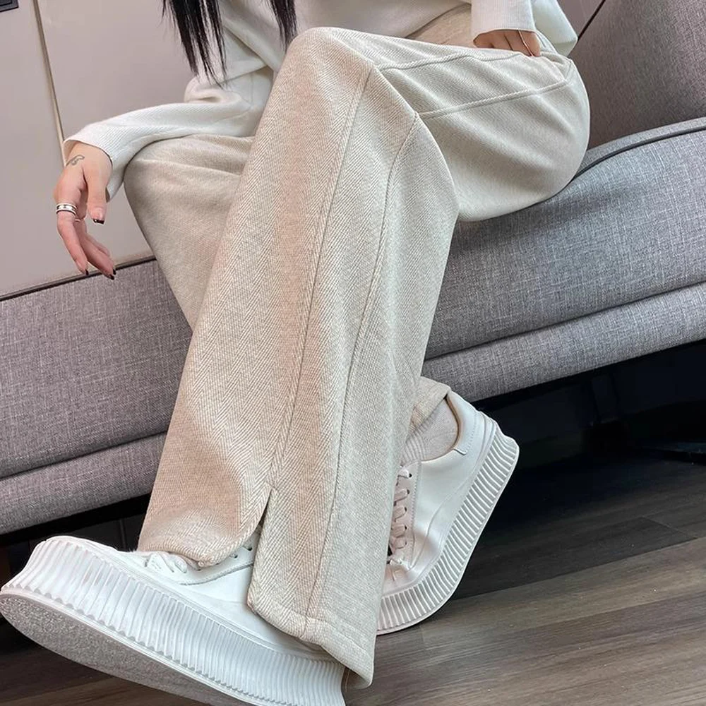 

European apricot wide leg pants for women's autumn new high-end fashion plus size straight leg split casual banana pants