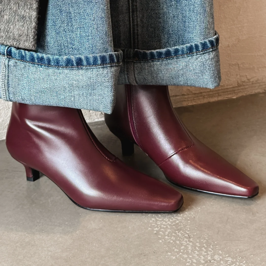 

Women's cow leather square toe side zip slip-on autumn ankle boots 4.5cm thin high heel elegant ladies short booties shoes woman