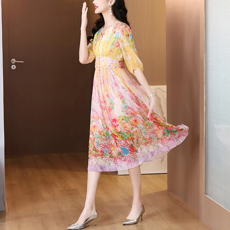 Summer Floral Silk Beach Midi Sundress Women Boho Fashion Casual Light Dress 2025 Spring Korean Elegant Luxury Festival Vestidos