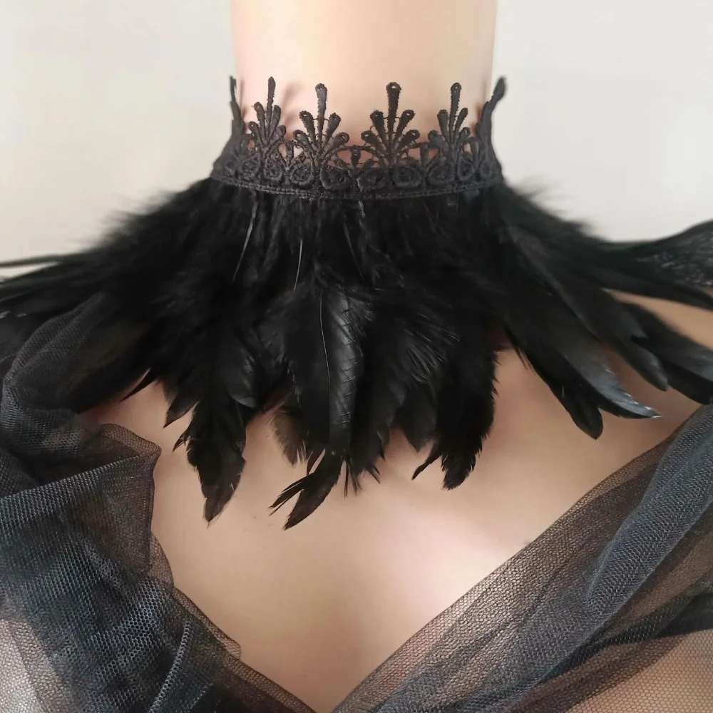 

Black Feather Choker Collar Sexy Lace Women Neck Cover Punk Cape Shawl Party Cosplay Natural Feather With Lace Fake Collar