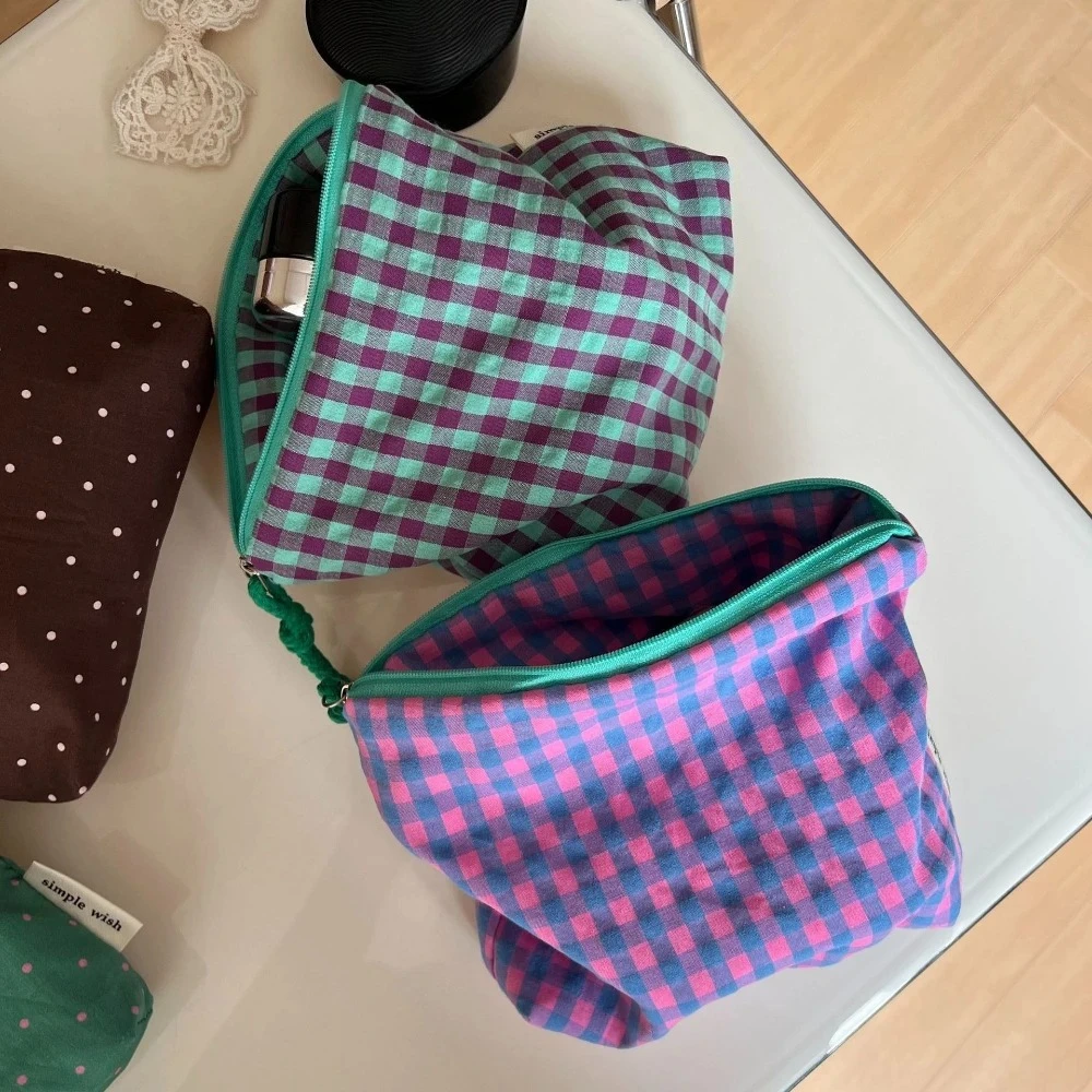Plaid Cotton Makeup Bag for Women Girls Simple Portable Large Capacity Zipper Cosmetic Pouch Fashion Clutch Storage Bag