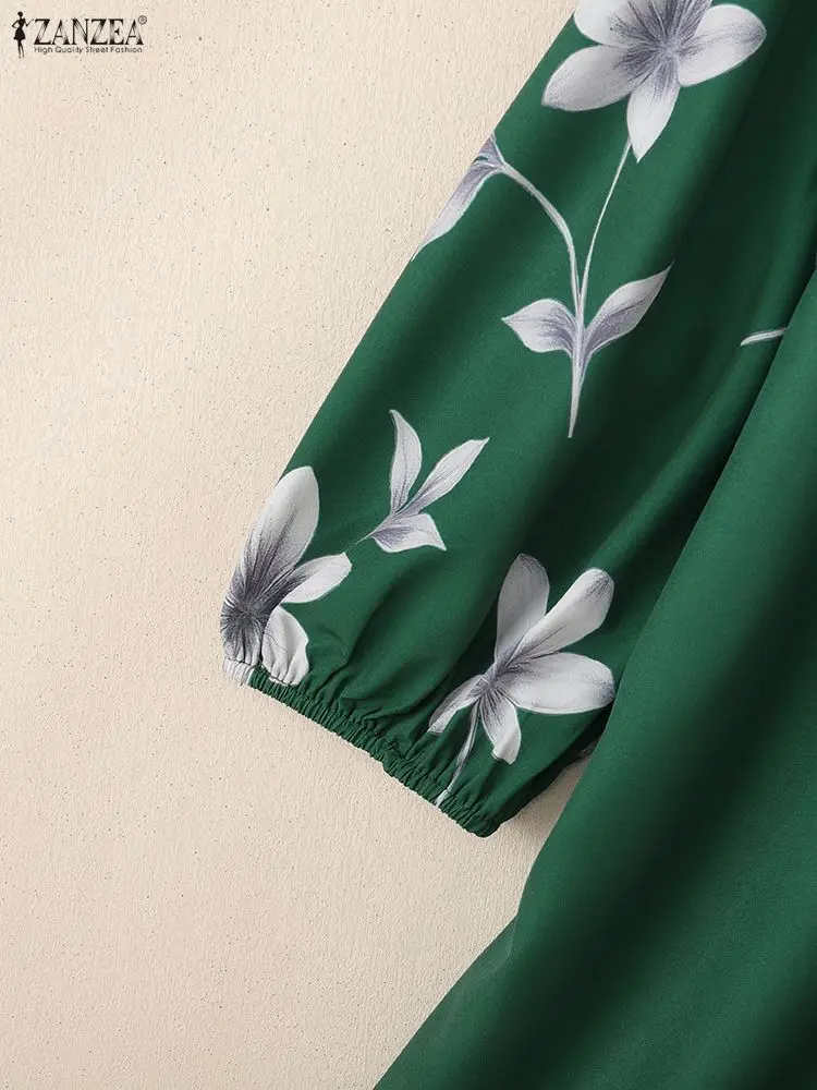 ZANZEA-Blusas verdes elegantes para mujer, Tops de media manga con estampado Floral y cuello levantado a la moda, ropa para mujer S-3XL 2026