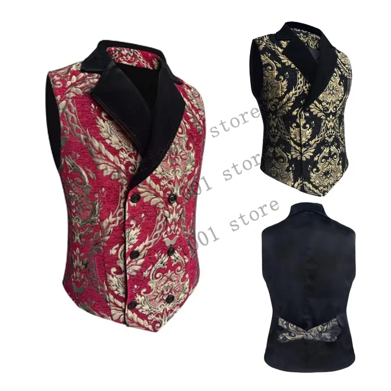 Men's Vintage Jacquard Waistcoat Slim Fit Single Breast Vest Medieval Renaissance Short Sleeveless Jacket Nobles Cosplay Costume