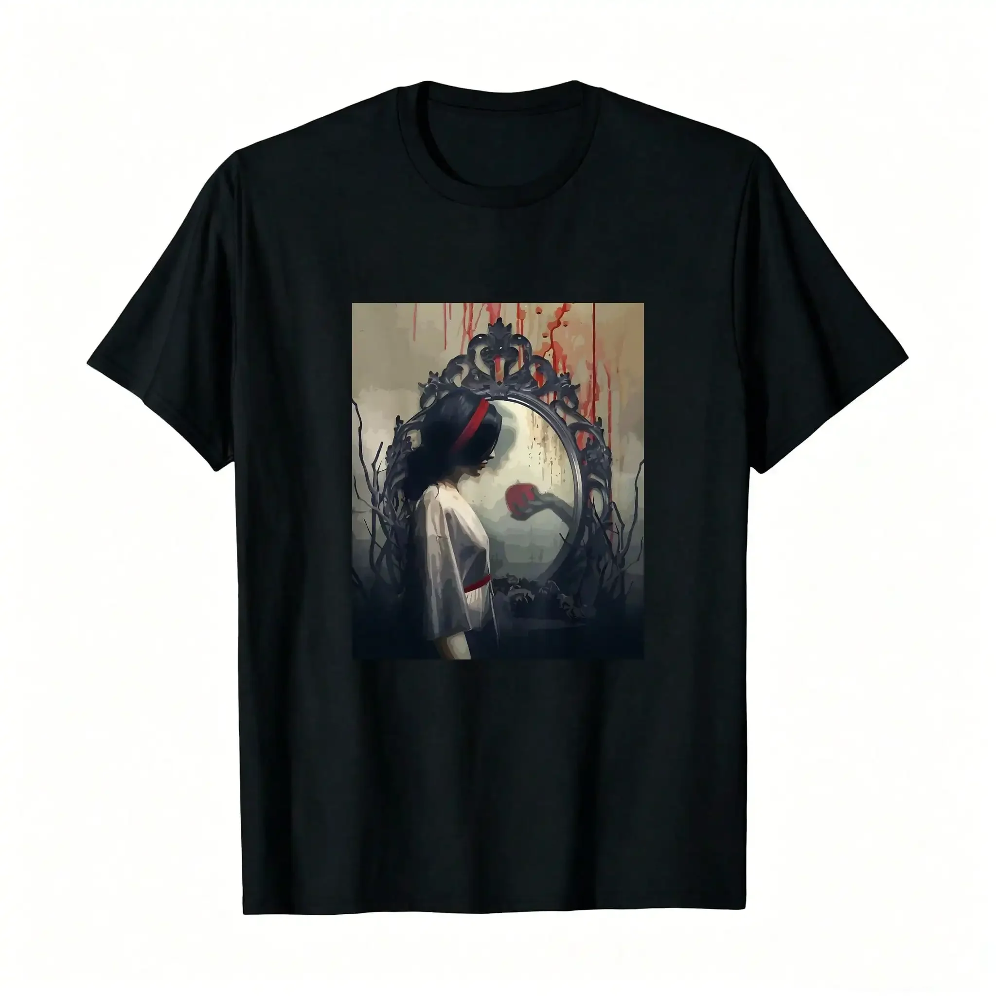 Sad Mirror Gets An Apple Creepy Gothic Art T-Shirt, Women's Printed T-Shirt 220g_,Breathable And Comfortable Short-Sleeved Round-Neck Top, Suitable For All Seasons, Everyday Wear For Women