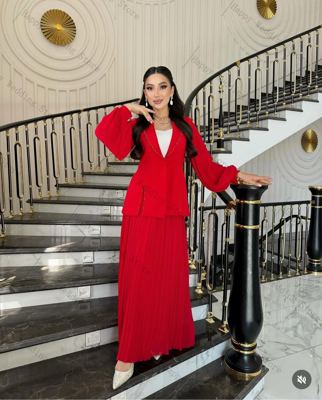 

Red Women Suit Skirt Set 2 Piece Blazer+Prom Dress Luxury Beaded Stone Formal Office Lady Customized Wedding Tuxedos Party Coat