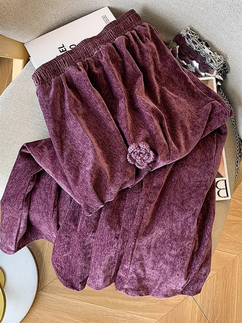 三次元花紫コーデュロイスカート女性のための秋ハイウエスト多用途 A ラインベルベット傘スカートトレンディ W1355