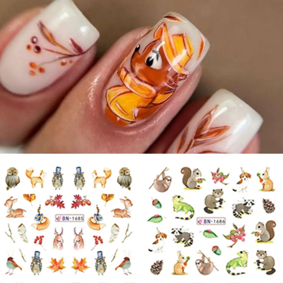 12Design Autunno Animale Nail Art Acqua Adesivo Cartoon Gufo Scoiattolo Volpe Riccio Trasferimento Slider Autunno Tema Frutta Manicure Decor